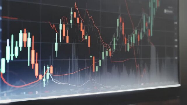 stock market graphs  Candlesticks animating upward and downward, numeric values updating softly, smooth data motion 4K 