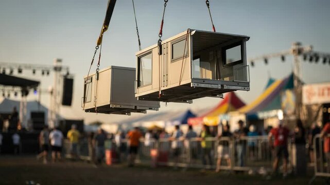 Craned stackable prefab units sharply focused midair while blurred crowd and festival infrastructure create dynamic depth on the event grounds.