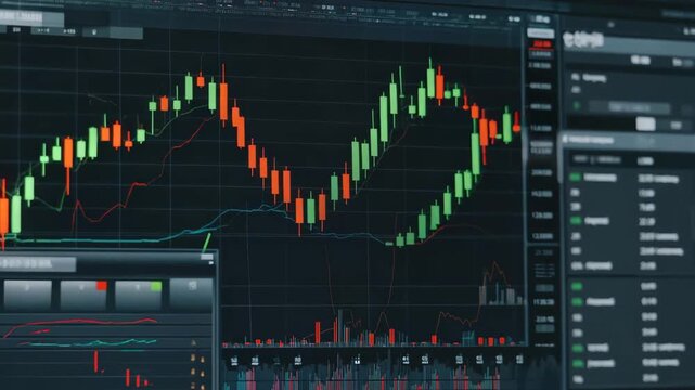 stock market chart  Candlesticks animating upward and downward, numeric values updating softly, smooth data motion 4K 