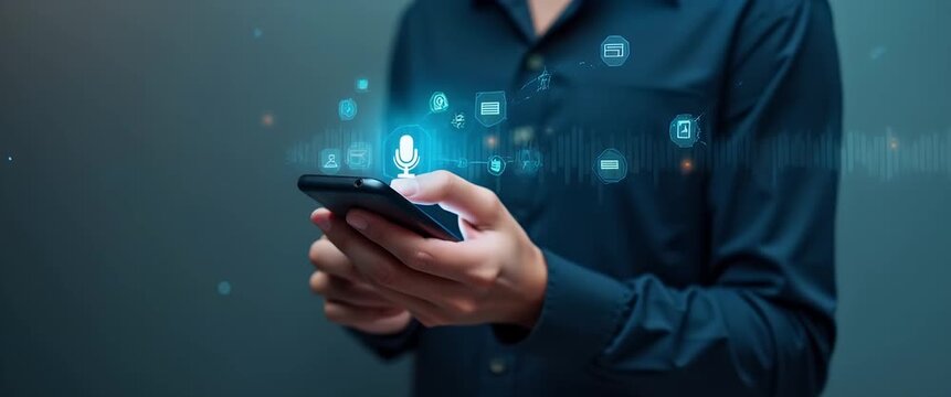 A person interacts with a smartphone in a futuristic digital interface as the camera slowly pans, with ambient lights softly flickering, creating a cinematic, tech-focused atmosphere.