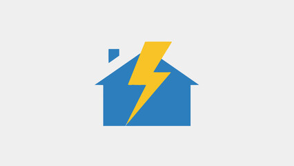 Blue house with yellow lightning bolt, symbolizing electricity and home power on an isolated white background.