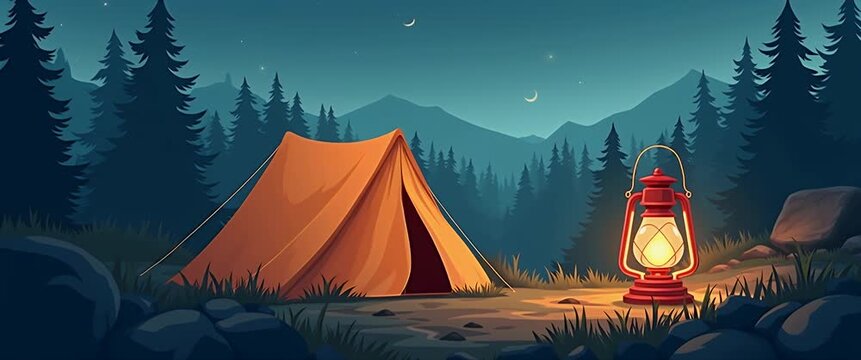 Serene camping scene with a glowing tent, gentle breeze swaying leaves, and soft lantern light flickering in a tranquil forest; cinematic slow pan captures peaceful nature ambiance.