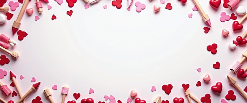 Valentine's Day pencils and heart-shaped confetti gently sway on a white background, with a slow cinematic pan capturing a serene, romantic ambiance perfect for festive stock footage.