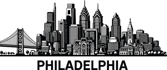 Black and white of Philadelphia skyline with buildings and bridge © allustra
