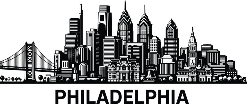 Black and white of Philadelphia skyline with buildings and bridge