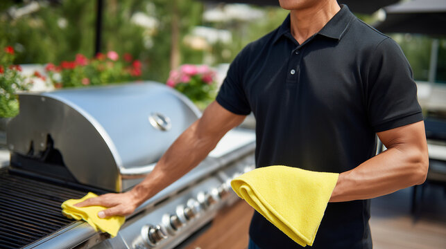 Man polishing stainless steel barbecue grill with yellow cleaning cloth, outdoor cooking area, summer atmosphere, focus on grill maintenance and hygiene, clean organized patio sett