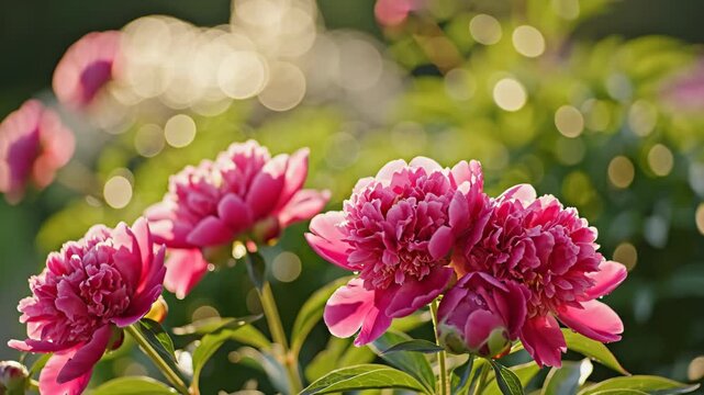 Vibrant pink peonies in full bloom with beautiful bokeh background