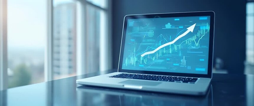 Laptop screen with animated stock market charts shows upward trend; camera slowly pans across modern office with ambient light flicker; cinematic style enhances financial technology theme.