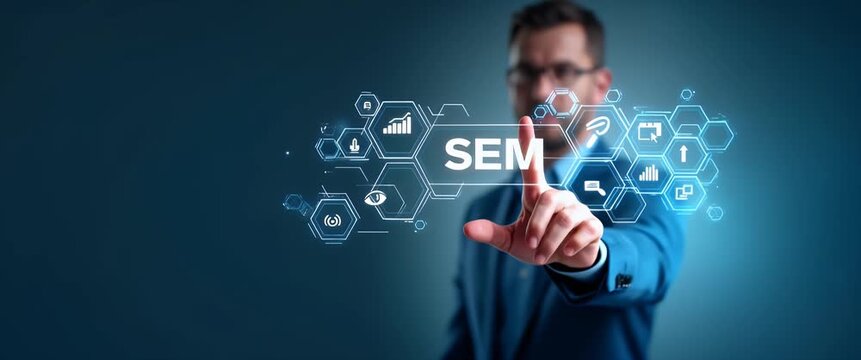 Professional businessman in a suit interacts with floating SEM hologram, finger tapping glowing digital interface; camera slowly pans, ambient light flickers, in sleek cinematic style.