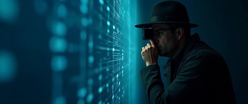 Mysterious figure studies digital data stream as camera slowly pans, with glowing cyber elements gently shifting in a cinematic style, emphasizing technology and cybersecurity themes.