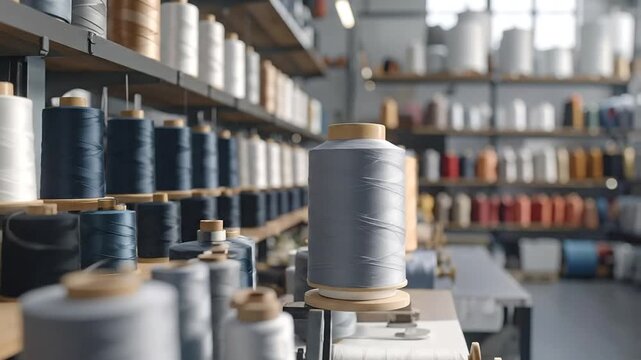 Rows of colorful thread spools neatly arranged on shelves in a well-lit workshop, ready for use.