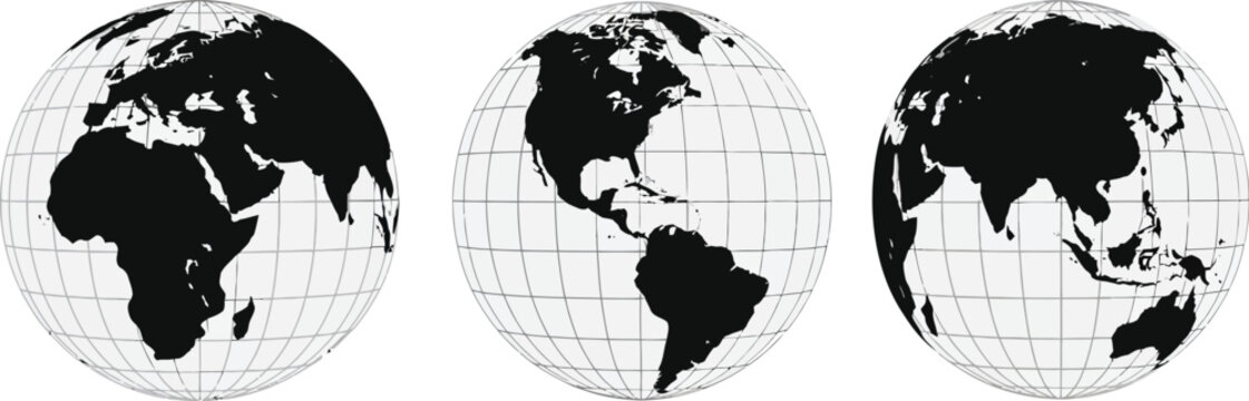 Set of Three World Globe Maps with Black Continents and Latitude Longitude Grid Lines Showing Earth from Different Angles
