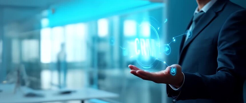 Business professional presents CRM hologram in modern office; camera slowly tracks right as ambient lights flicker, conveying technological innovation in a cinematic style.
