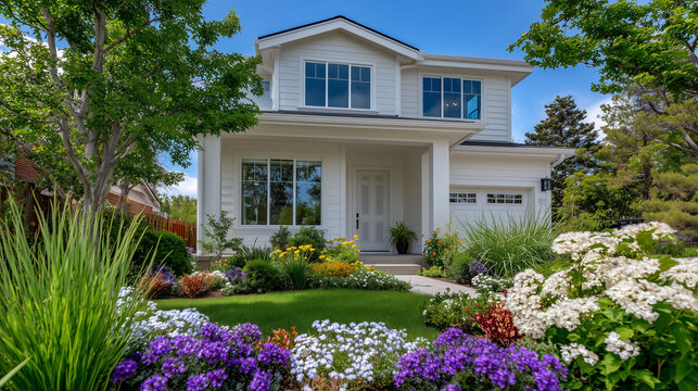 Wide-angle perspective of modern home exterior, gray vinyl siding, white double-hung windows, lush greenery in foreground, sunlight casting natural shadows on the building, contemp