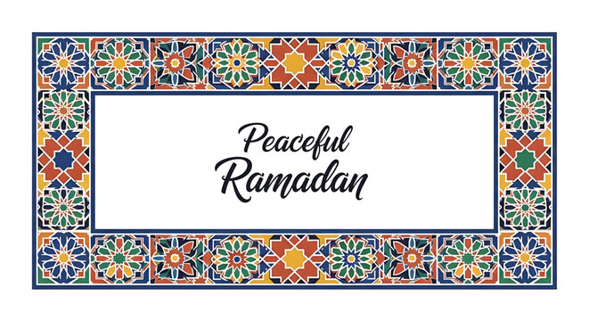 A colorful and peaceful Ramadan greeting card with a floral border design Ramadan