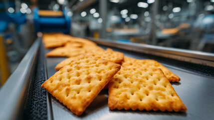 Macro close-up of golden crackers moving on stainless steel conveyor belt, crisp texture highlighted, industrial snack production line, automated machinery processing snacks, moder
