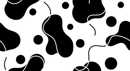 Fototapeta premium Abstract black and white organic shapes with thin white lines and small circles.