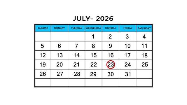 The calendar of July month 24th day is red circled, looped animation .Avery important date in the calendar. Signing a day on a calendar. 4k animation white background 