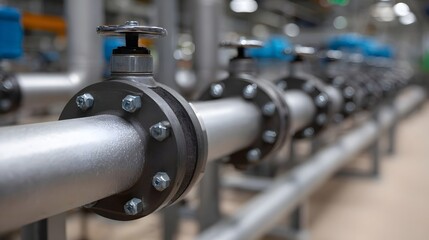 Close up view of a complex industrial pipe system with multiple valves and flanges in a manufacturing facility