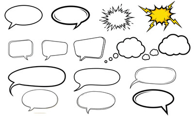 Fototapeta premium Premium Comic Book Speech Bubbles and Thought Clouds Vector Set – Hand-Drawn Action Shout Bubbles, Conversation Cells, and Manga Dialogue Graphic Elements for Creators