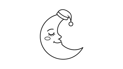Cute line art illustration of a sleeping crescent moon wearing a nightcap, evoking dreams, peaceful slumber, and a whimsical bedtime theme.