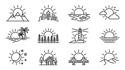 Fototapeta premium Minimalist Sunrise and Sunset Line Icon Set Featuring Diverse Landscapes including Mountains, City Skyline, Ocean Waves, Forest, Lighthouse, Tropical Beach, Desert Dunes, and Bridge Views.