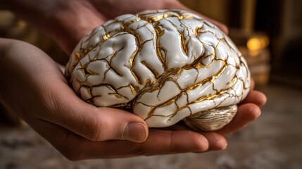 Brain sculpture with gold cracks in hands for mental health resilience and psychological healing mind recovery