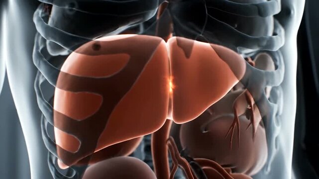 Human liver anatomy illustration with highlighted liver and surrounding organs.