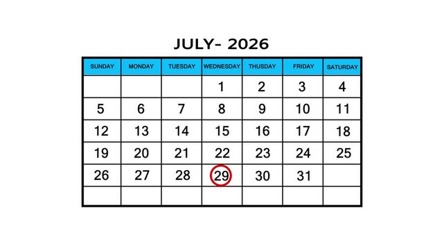The calendar of July month 29th day is red circled, looped animation .Avery important date in the calendar. Signing a day on a calendar. 4k animation white background 