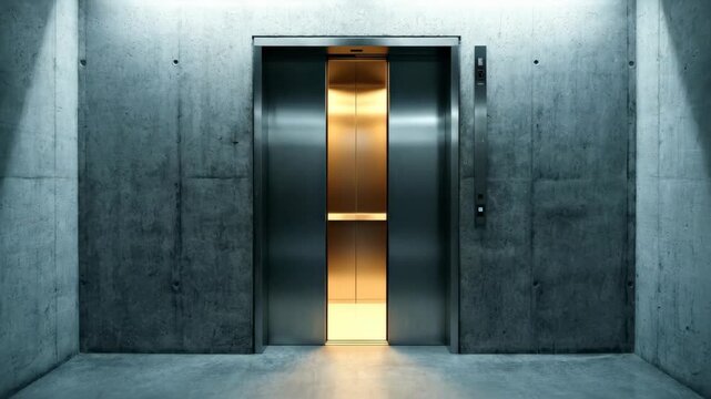 Stainless steel elevator doors closing and opening in a dark concrete room with linear lighting for modern building and abstract space design.