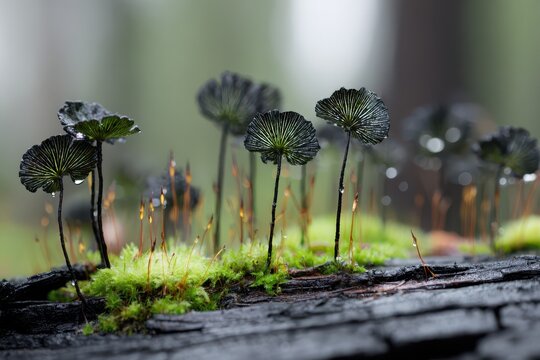 Umbrella liverwort thriving on ash-covered logs in a Finnish woodland, natural light macro shot