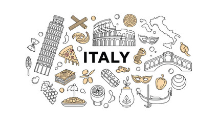 Comprehensive collage of iconic Italian travel and cultural elements, including the Leaning Tower of Pisa, Colosseum, pasta, pizza, and Venice, encapsulating its rich heritage.