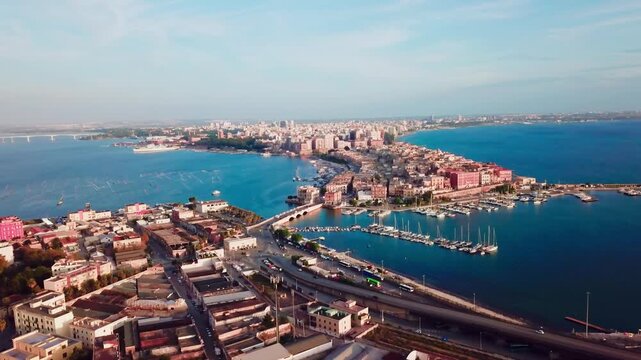 Taranto, Italy, city view, harbor, industrial city, sea city, mussel culture, Ilva factory, panorama, landscape, aerial shot, travel, travelling, vacation, holiday, tourist, tourism, high angle, cinem
