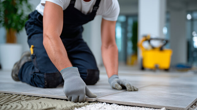 Worker installing large gray ceramic tiles, floor renovation in progress, renovation team tools and tiles in background, indoor home improvement environment, high-detail realistic