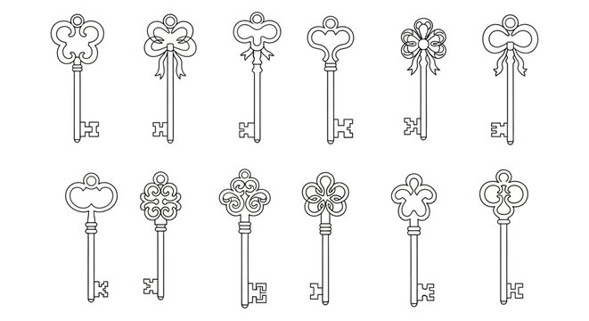 A collection of twelve ornate, vintage-style skeleton keys, presented in two rows against a white background.