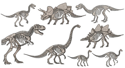Collection of detailed skeletal illustrations of various dinosaur species, showcasing their unique anatomical structures. © Friska