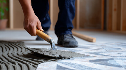 Worker manually spreading gray adhesive on floor, trowel creating ridged pattern, floor ready for tile installation, construction or renovation concept, realistic textures and ligh