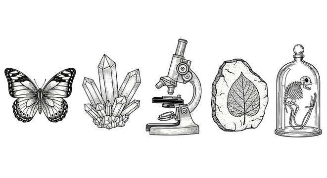 A collection of scientific and natural curiosities including a butterfly, crystals, a microscope, a fossilized leaf, and a skeleton under a bell jar.