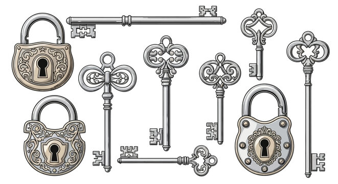 Collection of antique ornate padlocks and skeleton keys, rendered in a vintage illustration style.