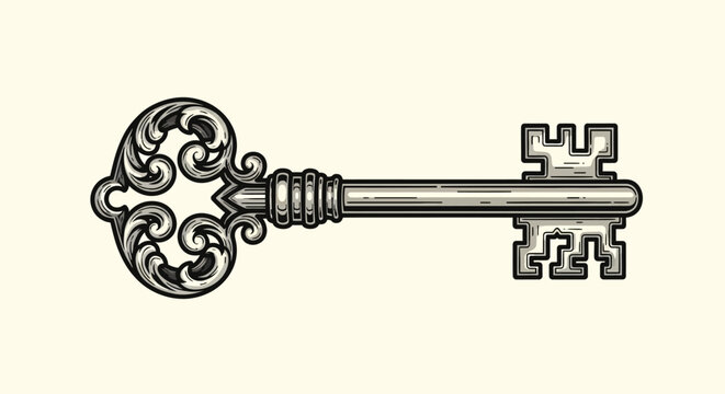 An ornate, antique, silver skeleton key with intricate scrollwork on the bow and a complex bit, rendered in a vintage engraving style.