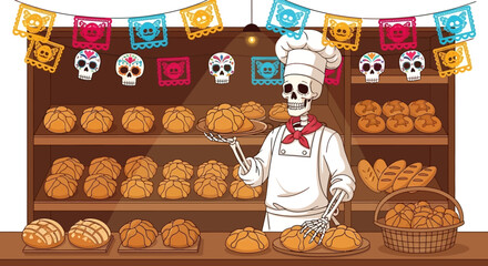 A skeleton baker wearing a chef's hat and apron stands in a bakery filled with pan de muerto bread and decorated with Day of the Dead papel picado banners and sugar skulls. © Friska