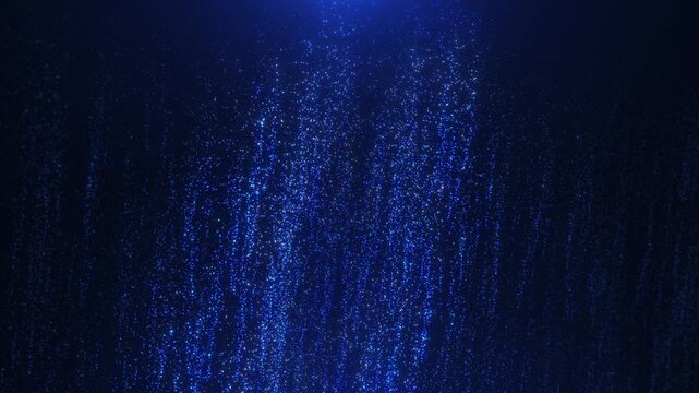 Dark blue abstract background with a rain of shining particles, soft light and depth, creating a calm futuristic atmosphere for technological or cinematic scenes.