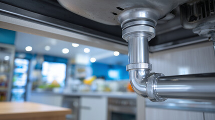 Bottom view of plumbing under kitchen sink, metal pipes, macro close-up, detailed fittings and joints