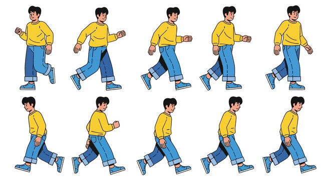 A sequence of cartoon illustrations showing a young man in a yellow sweatshirt and blue jeans walking in a repetitive motion.