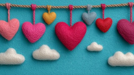 Colorful handmade felt hearts hanging on rope against blue sky
