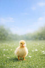 Single duckling standing in green spring meadow with copy space