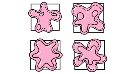 Four abstract pink blobs with stitched outlines contained within square frames, presented in a 2x2 grid.