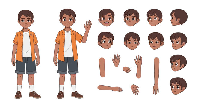 Character design sheet for a young boy with various facial expressions, body parts, and poses for animation.