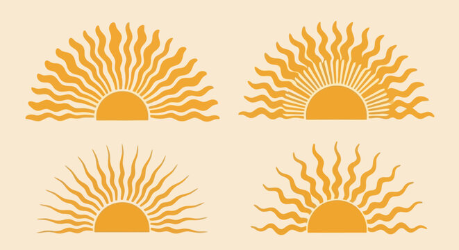 Four stylized semi-circular sun illustrations with wavy and straight rays on a beige background.