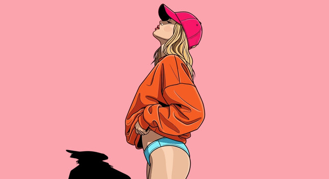 A stylized illustration of a young woman wearing an orange sweatshirt and a pink baseball cap.